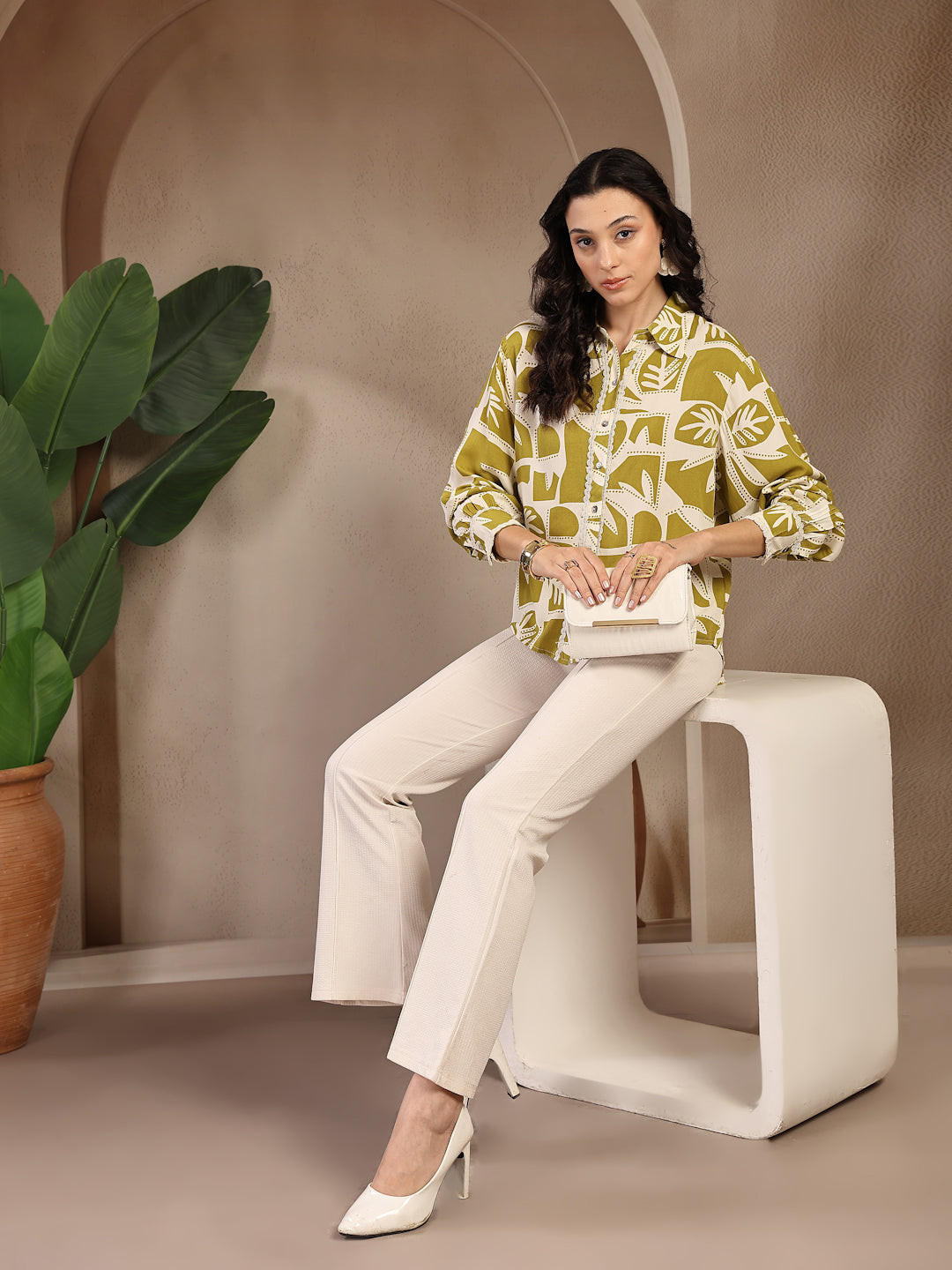 Gipsy Lime Green Printed Rayon Shirt