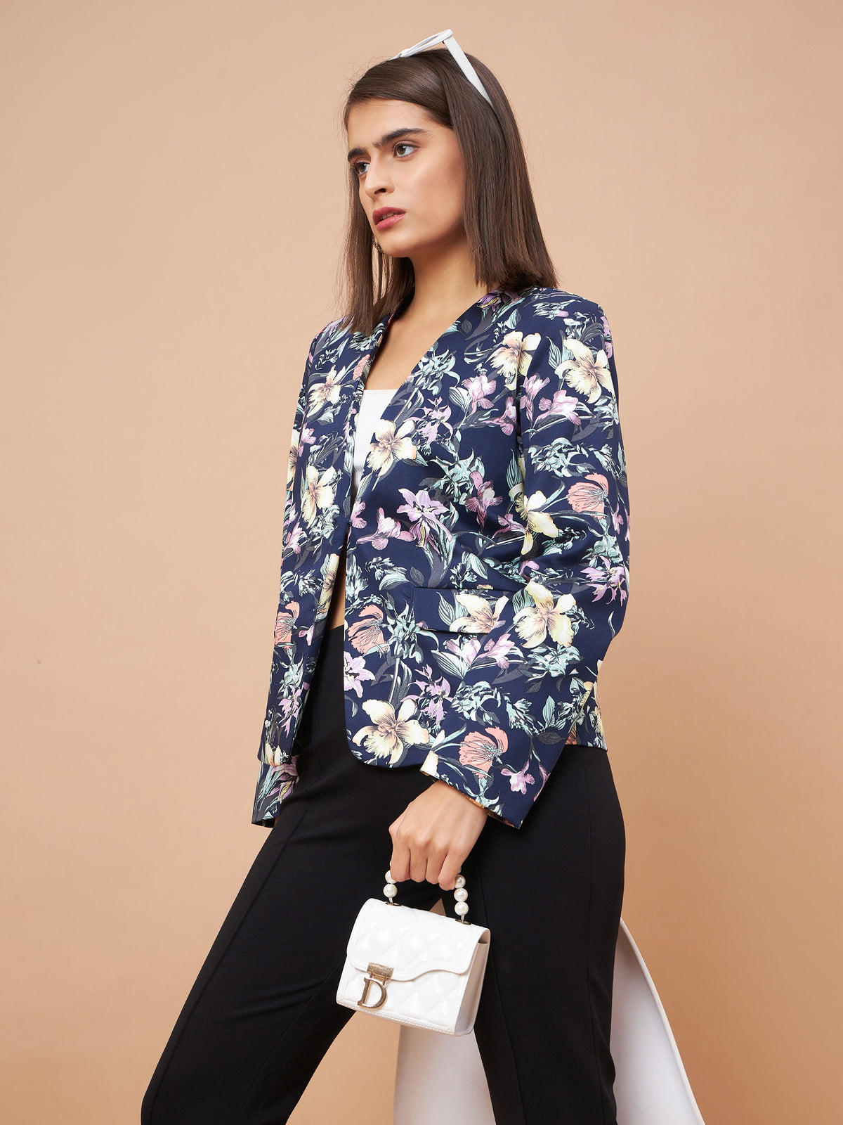 Gipsy Women V-Neck Straight Full Sleeve Cotton Fabric Navy Floral Coat
