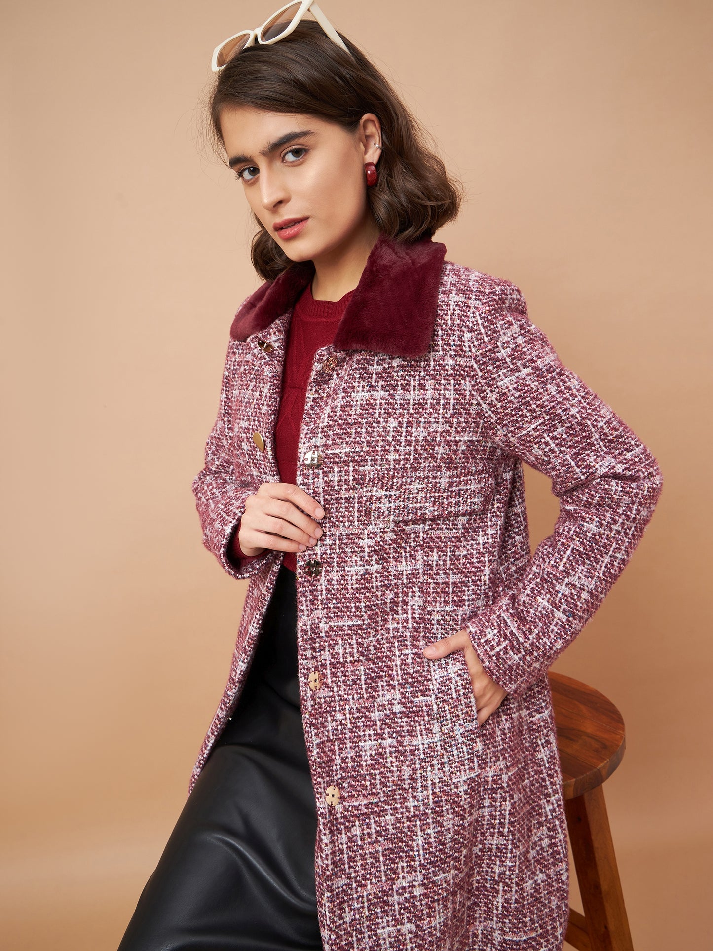 Gipsy Women Flat Collar Straight Full Sleeve Vibgyor Knit Milange Fabric Maroon Coat
