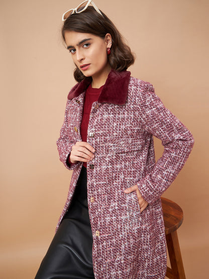 Gipsy Women Flat Collar Straight Full Sleeve Vibgyor Knit Milange Fabric Maroon Coat