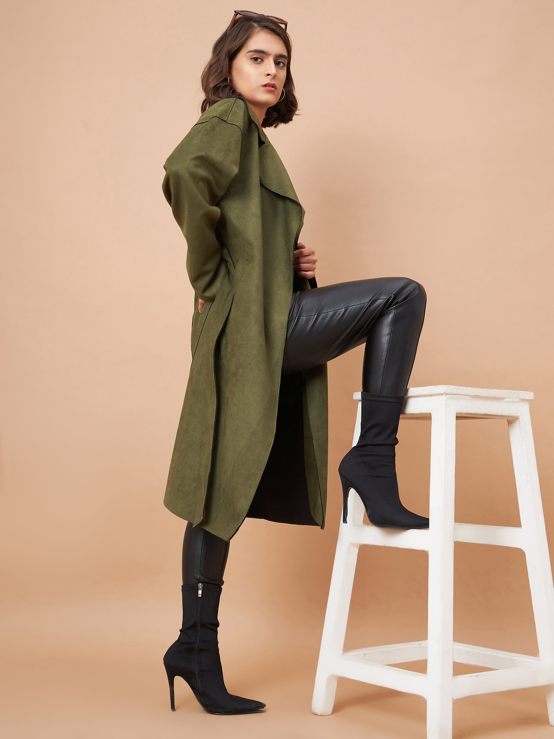 Gipsy Women Lapel Collar Straight Full Sleeve Suede Fabric Olive Coat
