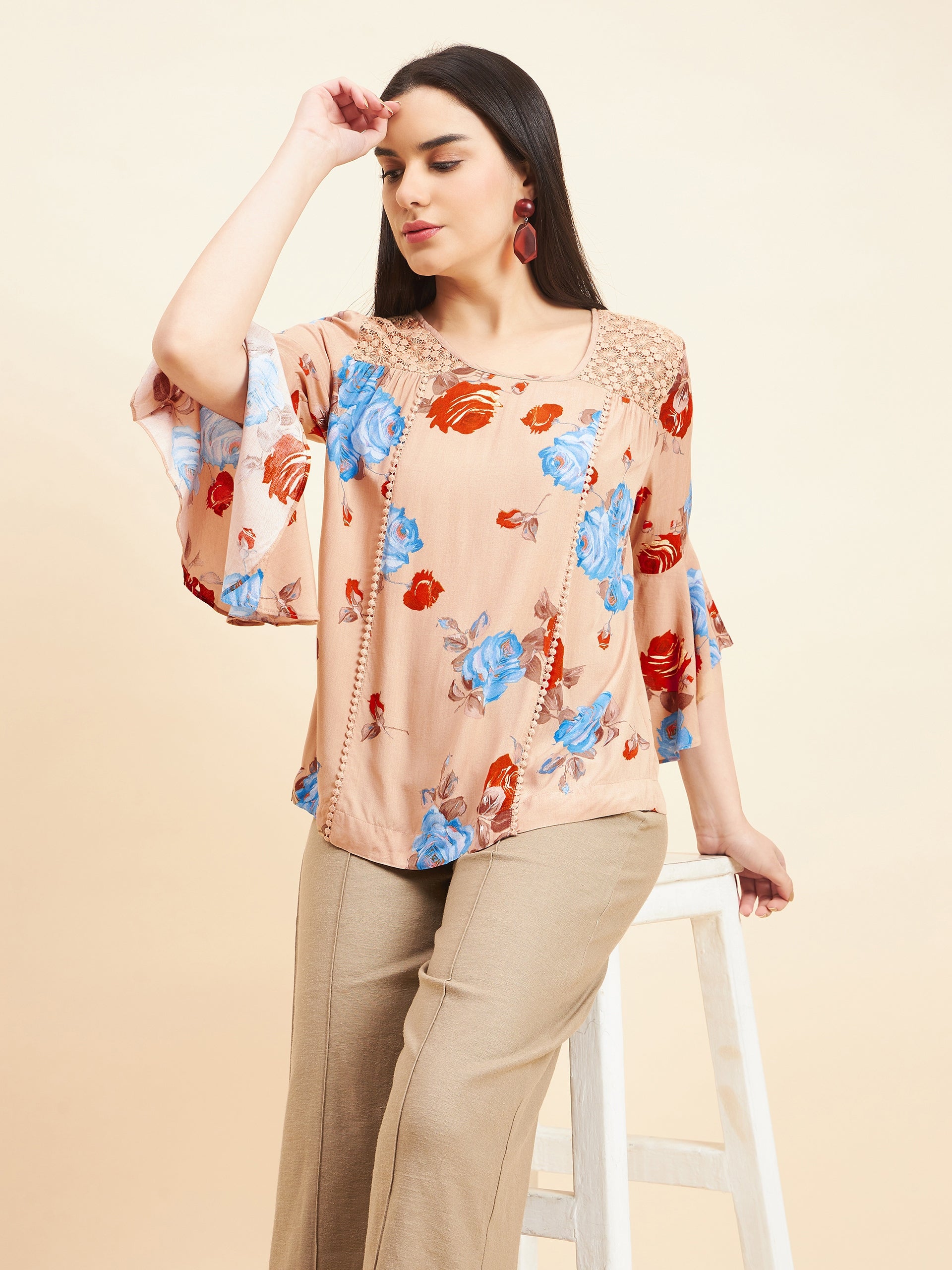 Gipsy Women Solid Lace Rayon Beige Top