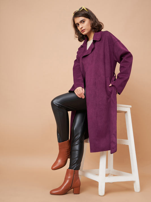 Gipsy Women Lapel Collar Straight Full Sleeve Suede Fabric Wine Coat