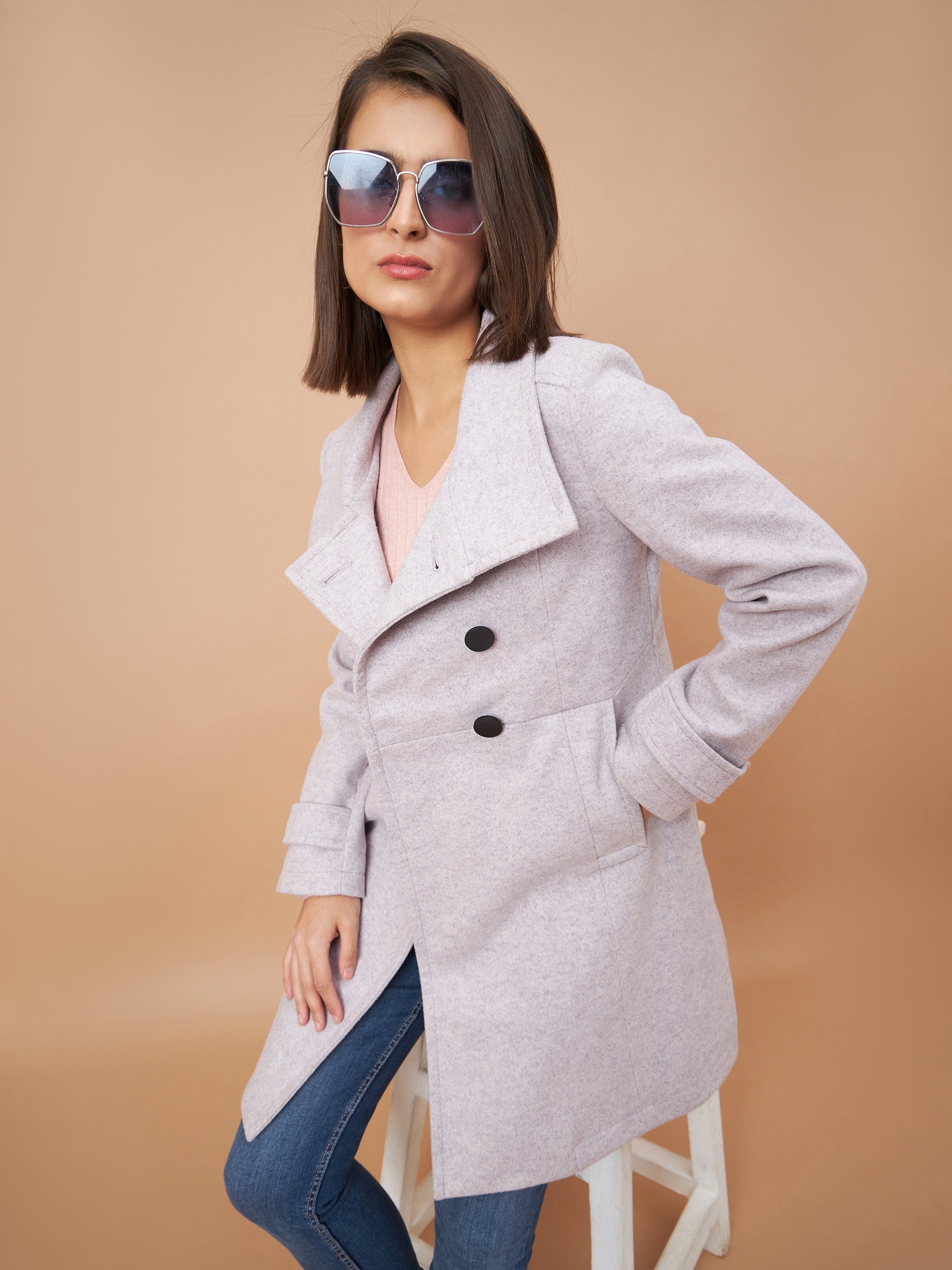 Gipsy Women Funnel Collar Straight Full Sleeve Synthetics Fabric Lavender Coat