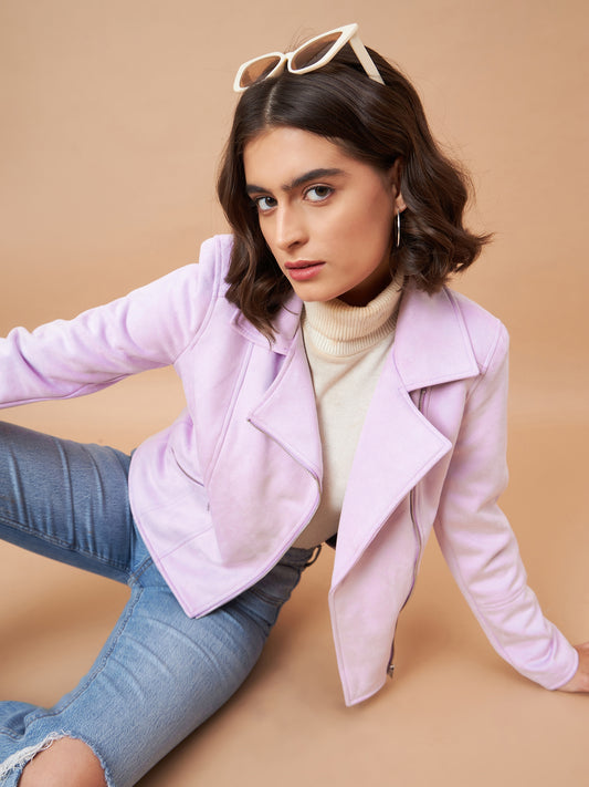 Gipsy Women Spread Collar Short Full Sleeves Suede Fabric Lavender Jackets