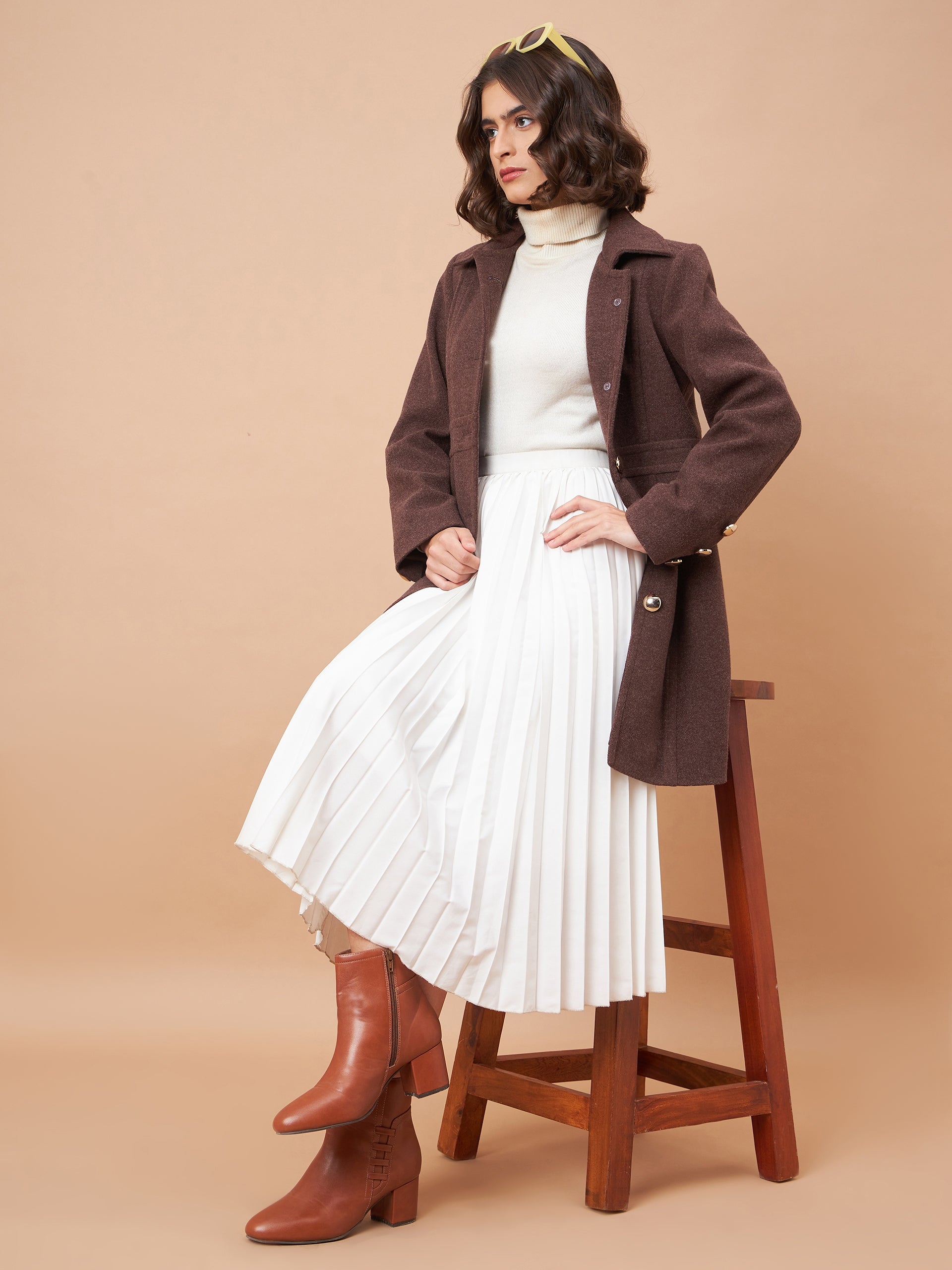 Gipsy Women Flat Collar Straight Full Sleeve Synthetics Fabric Choco Coat