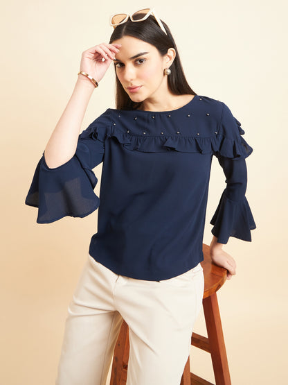 Gipsy Women Solid Embellishment Polyester Navy Top