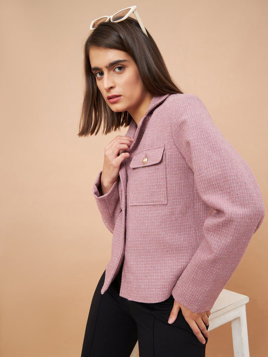 Gipsy Women Lapel Collar Straight Full Sleeve Lurex Wool Fabric Dusky Pink Coat