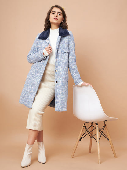 Gipsy Women Flat Collar Straight Full Sleeve Vibgyor Knit Milange Fabric Sky Blue Coat