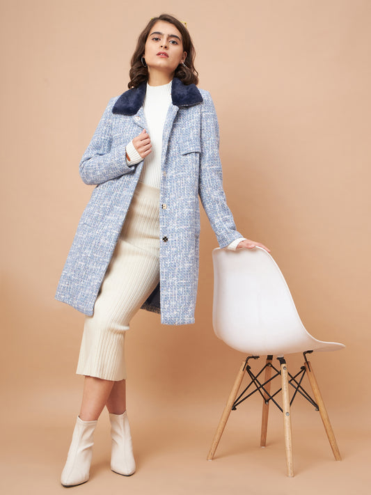 Gipsy Women Flat Collar Straight Full Sleeve Vibgyor Knit Milange Fabric Sky Blue Coat