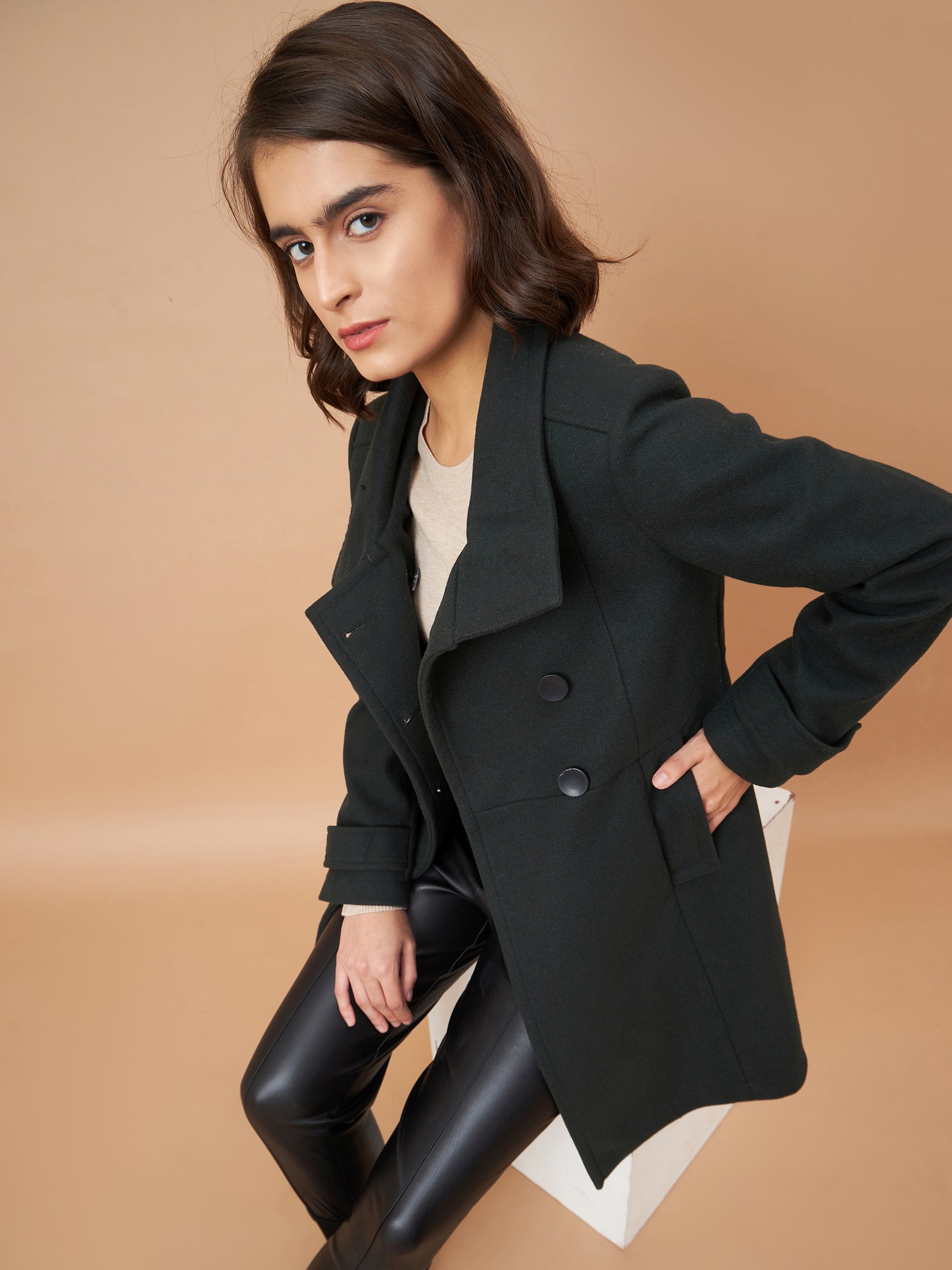 Gipsy Women Funnel Collar Straight Full Sleeve Synthetics Fabric Olive Coat