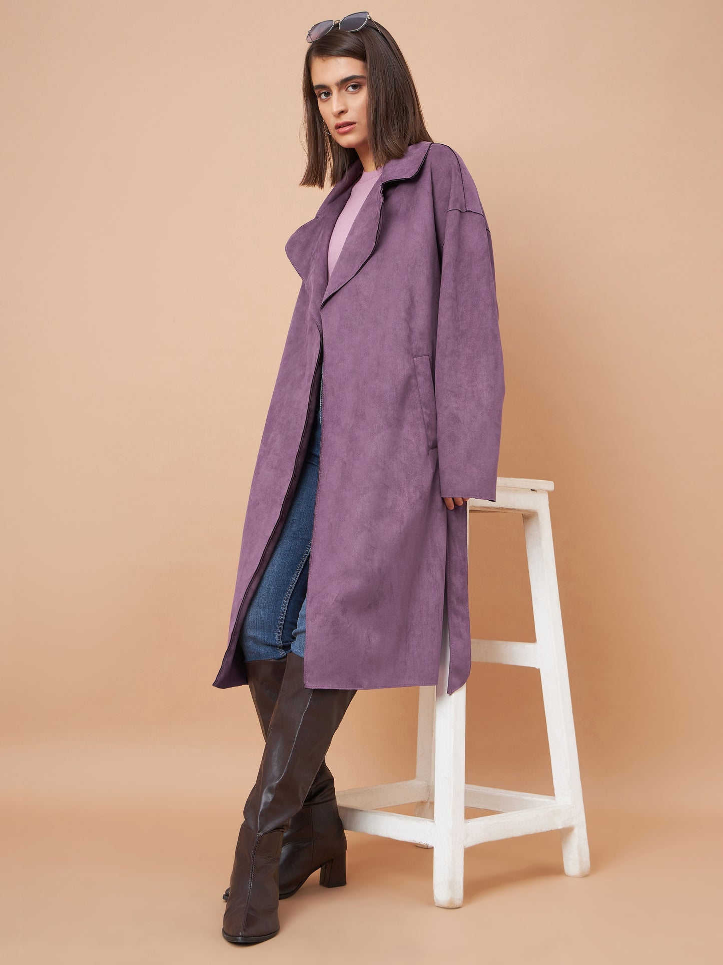 Gipsy Women Lapel Collar Straight Full Sleeve Suede Fabric Purple Coat