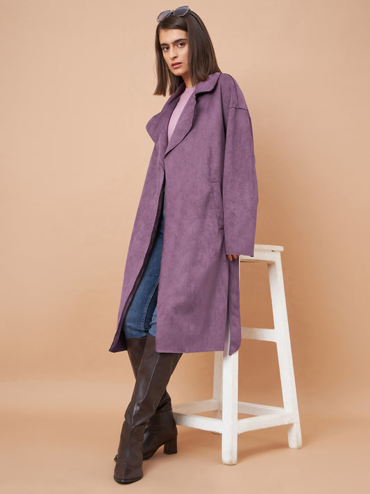 Gipsy Women Lapel Collar Straight Full Sleeve Suede Fabric Purple Coat
