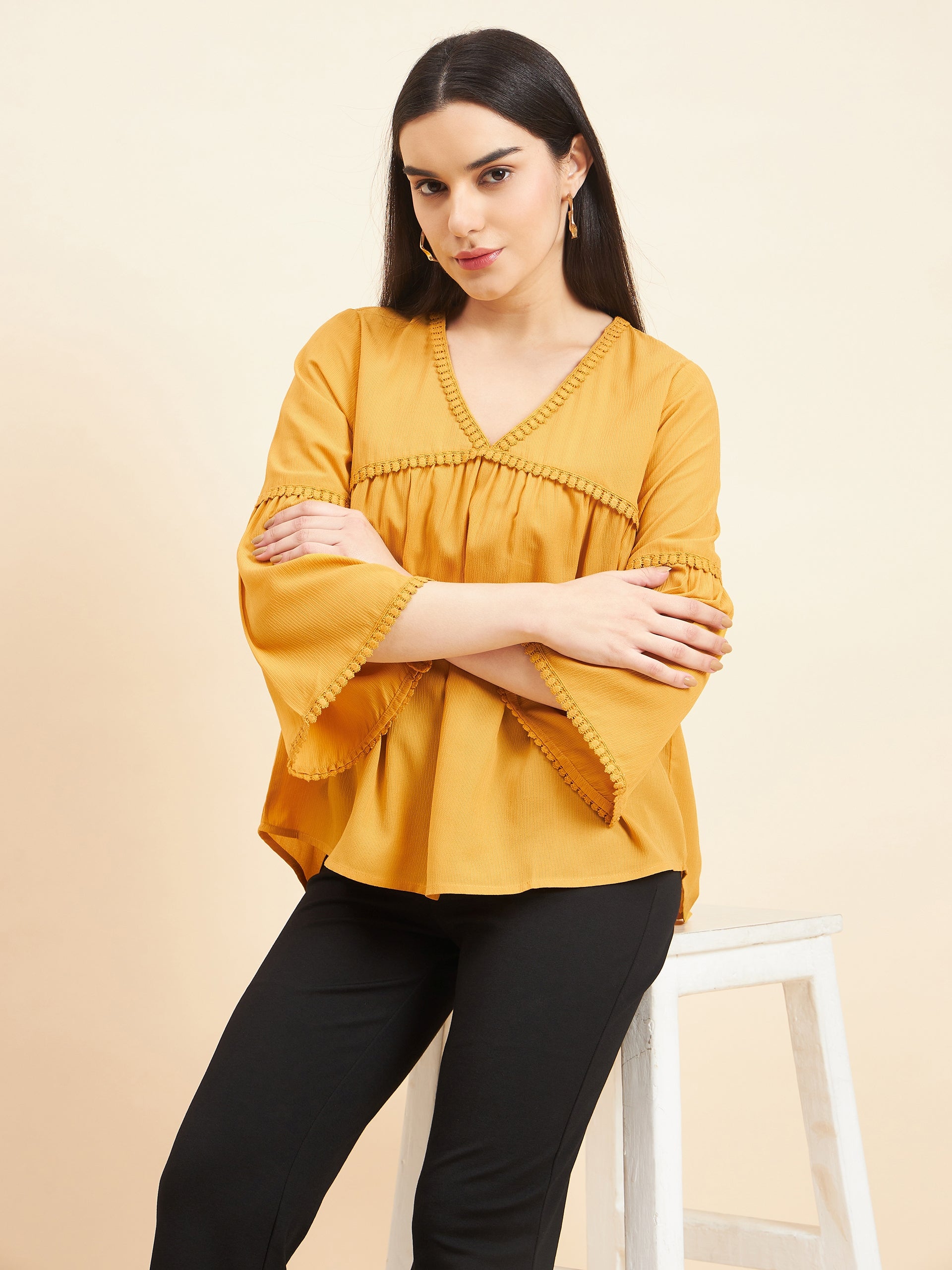 Gipsy Women Solid Lace Polyester Mustard Top