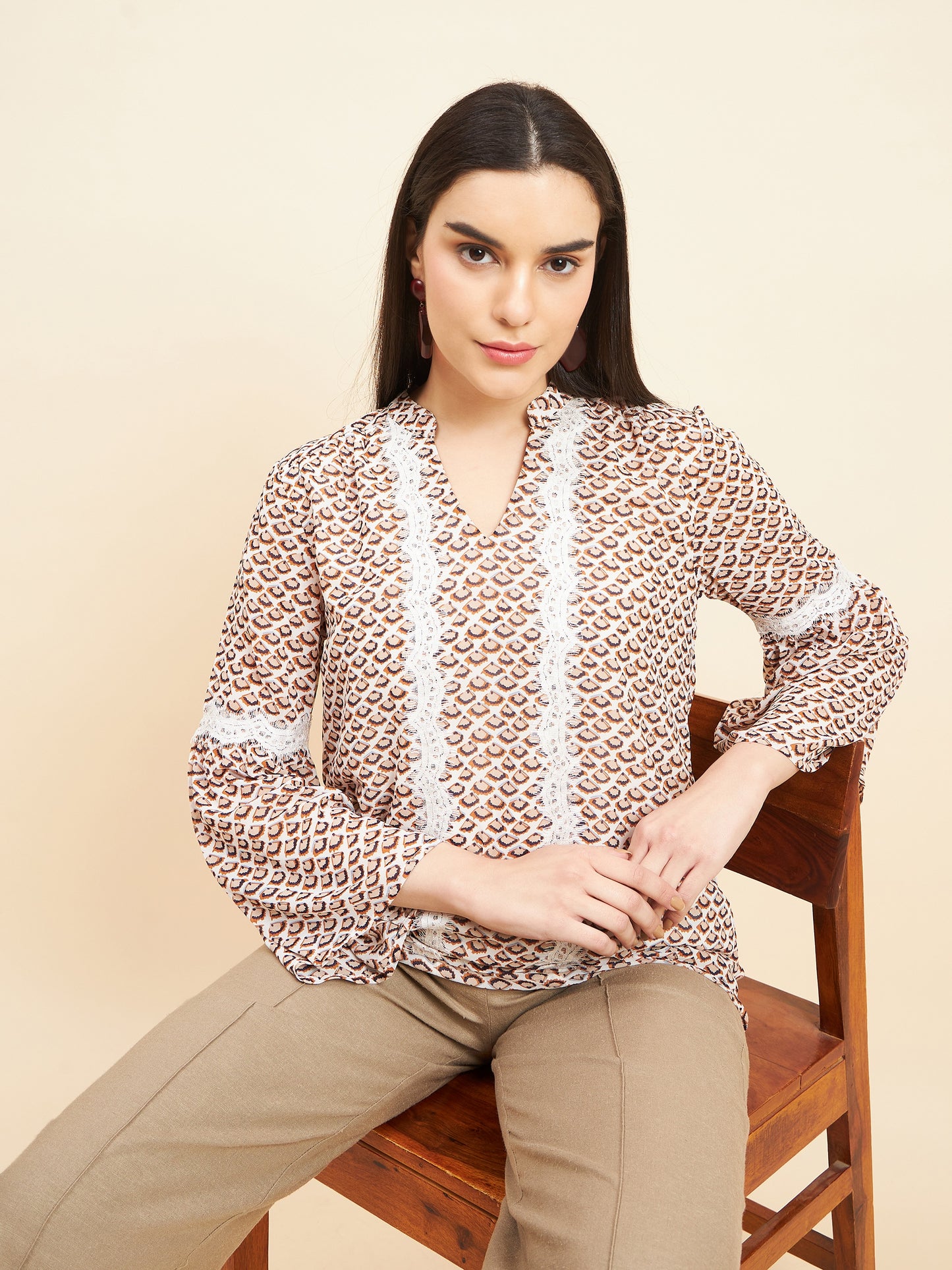 Gipsy Women Print Lace Polyester Cream Tunic