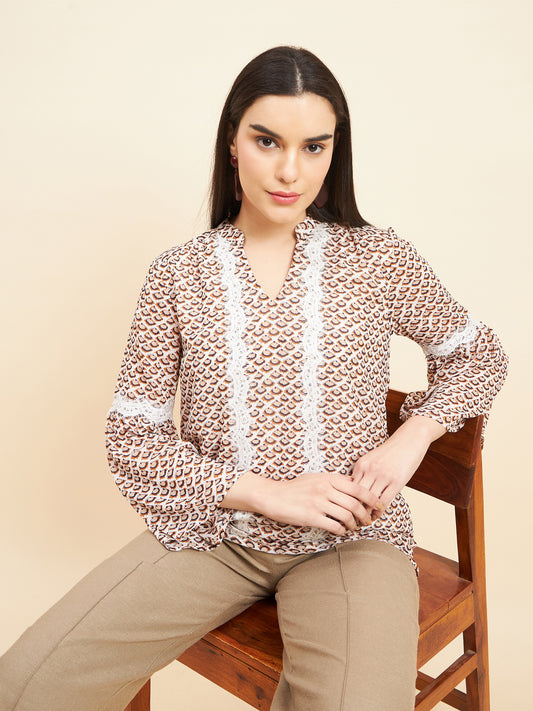 Gipsy Women Print Lace Polyester Cream Tunic