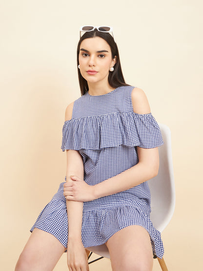 Gipsy Women Solid Frill Cotton Mini Royal Blue Dress