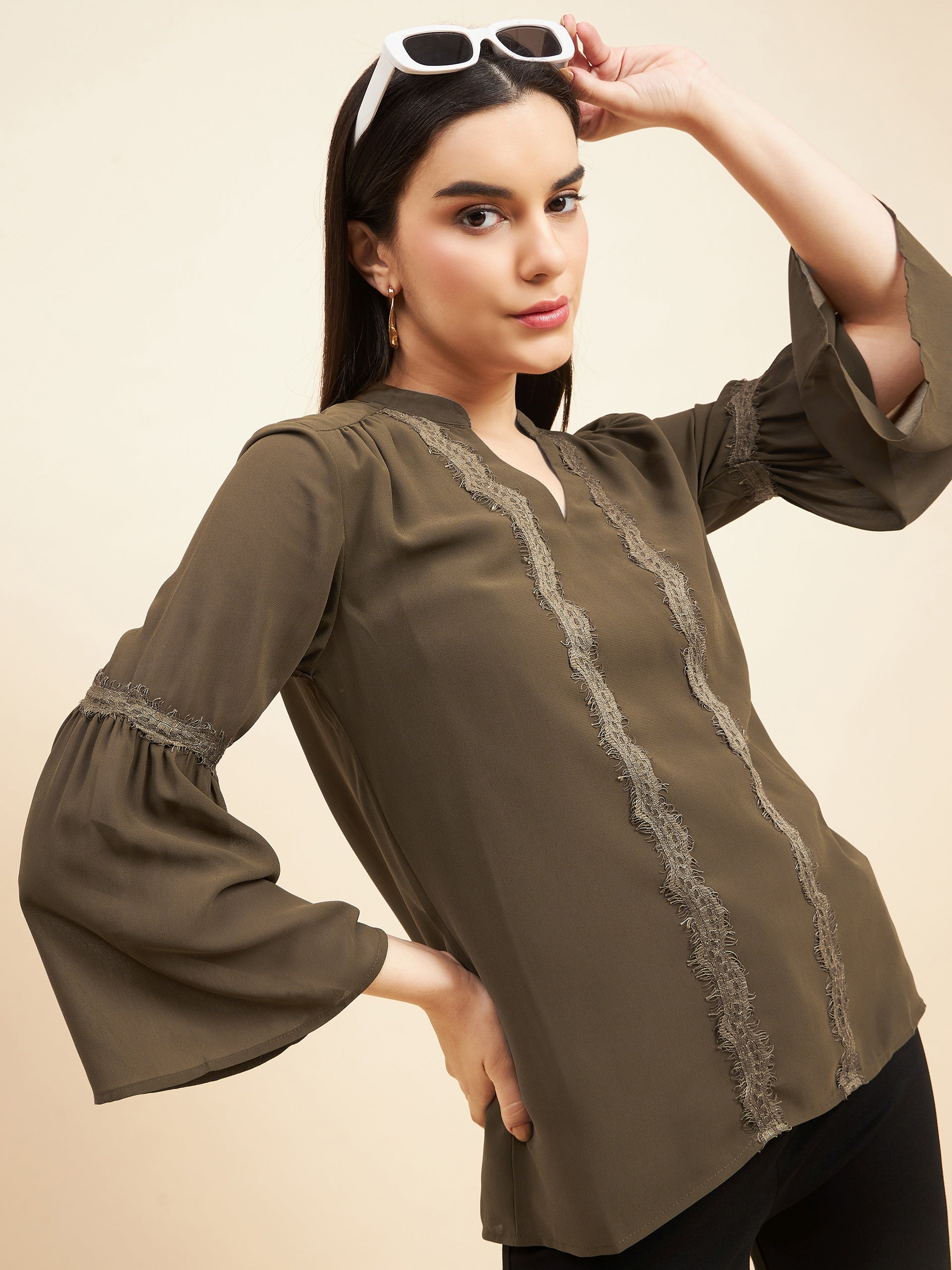 Gipsy Women Print Lace Polyester Olive Tunic