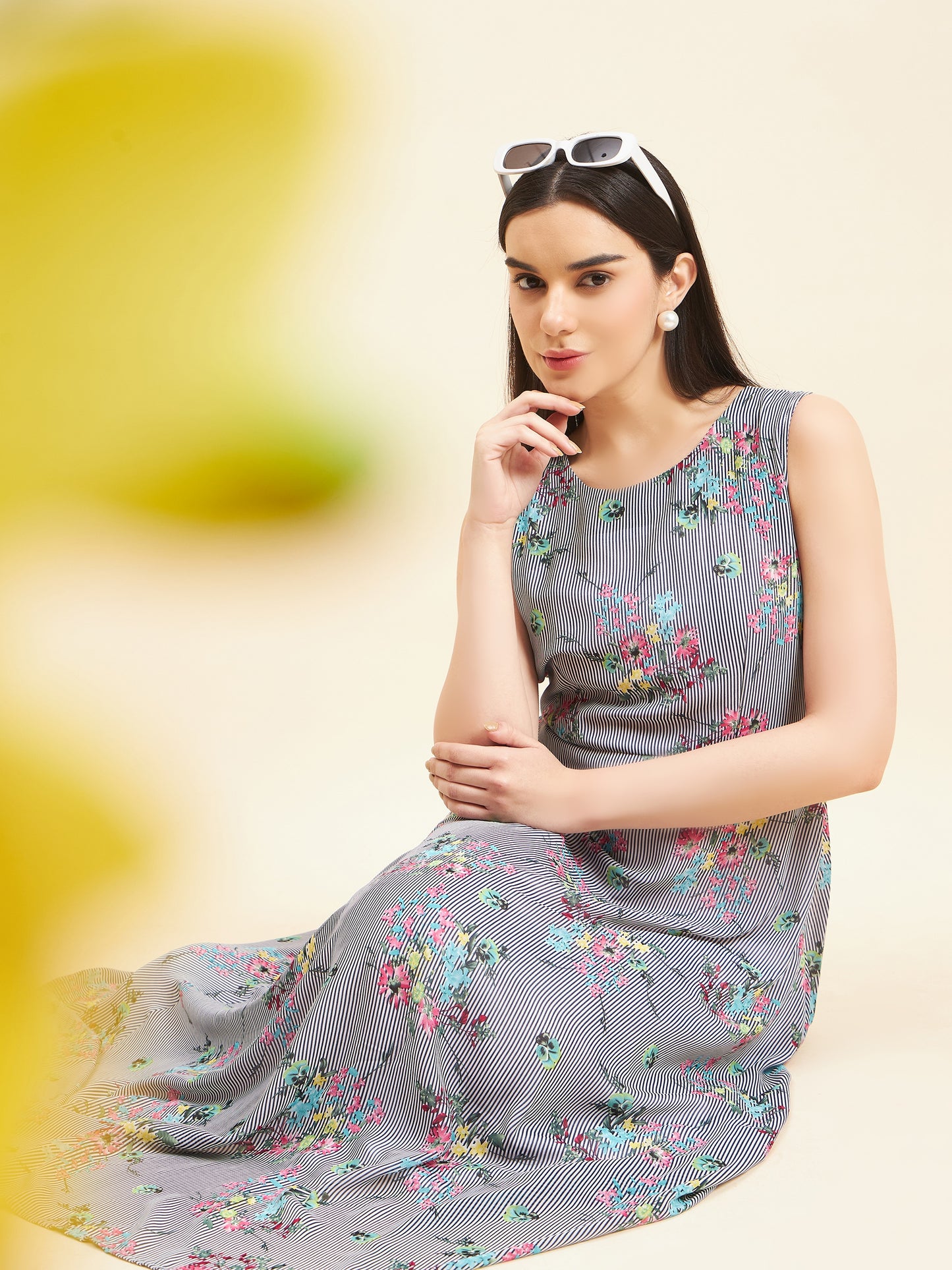 Gipsy Women Print A-Line Polyester Maxi Navy White Print Dress