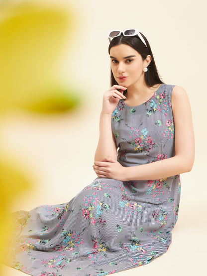 Gipsy Women Print A-Line Polyester Maxi Navy White Print Dress