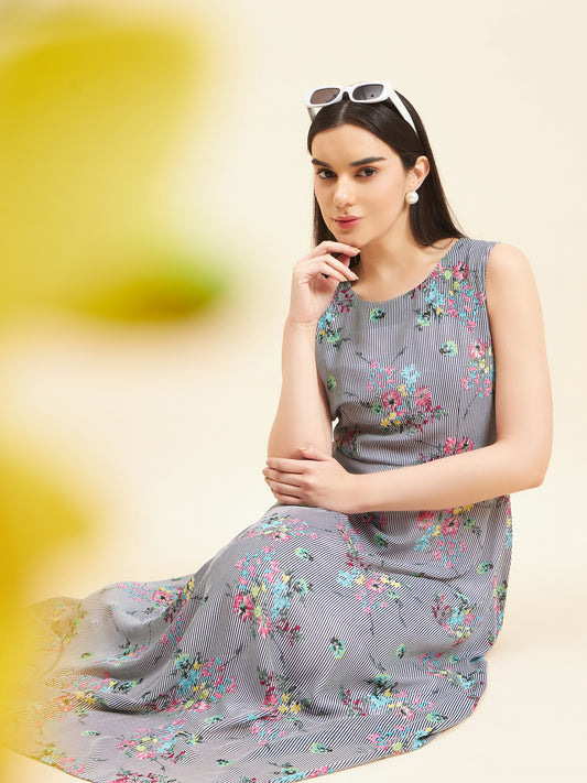 Gipsy Women Print A-Line Polyester Maxi Navy White Print Dress