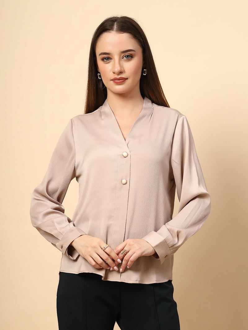 Beige Top with Front Pearl Button