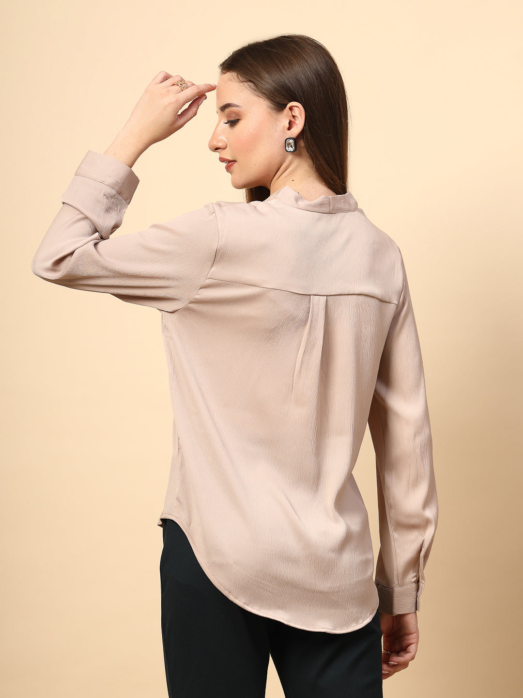 Beige Top with Front Pearl Button