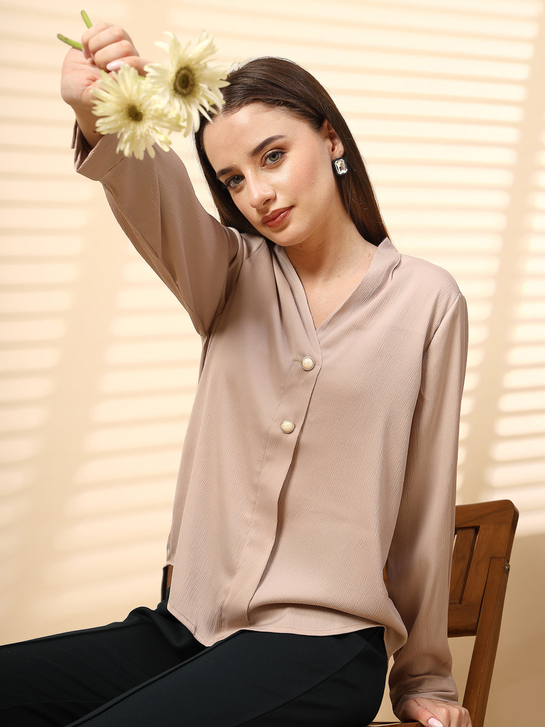 Beige Top with Front Pearl Button