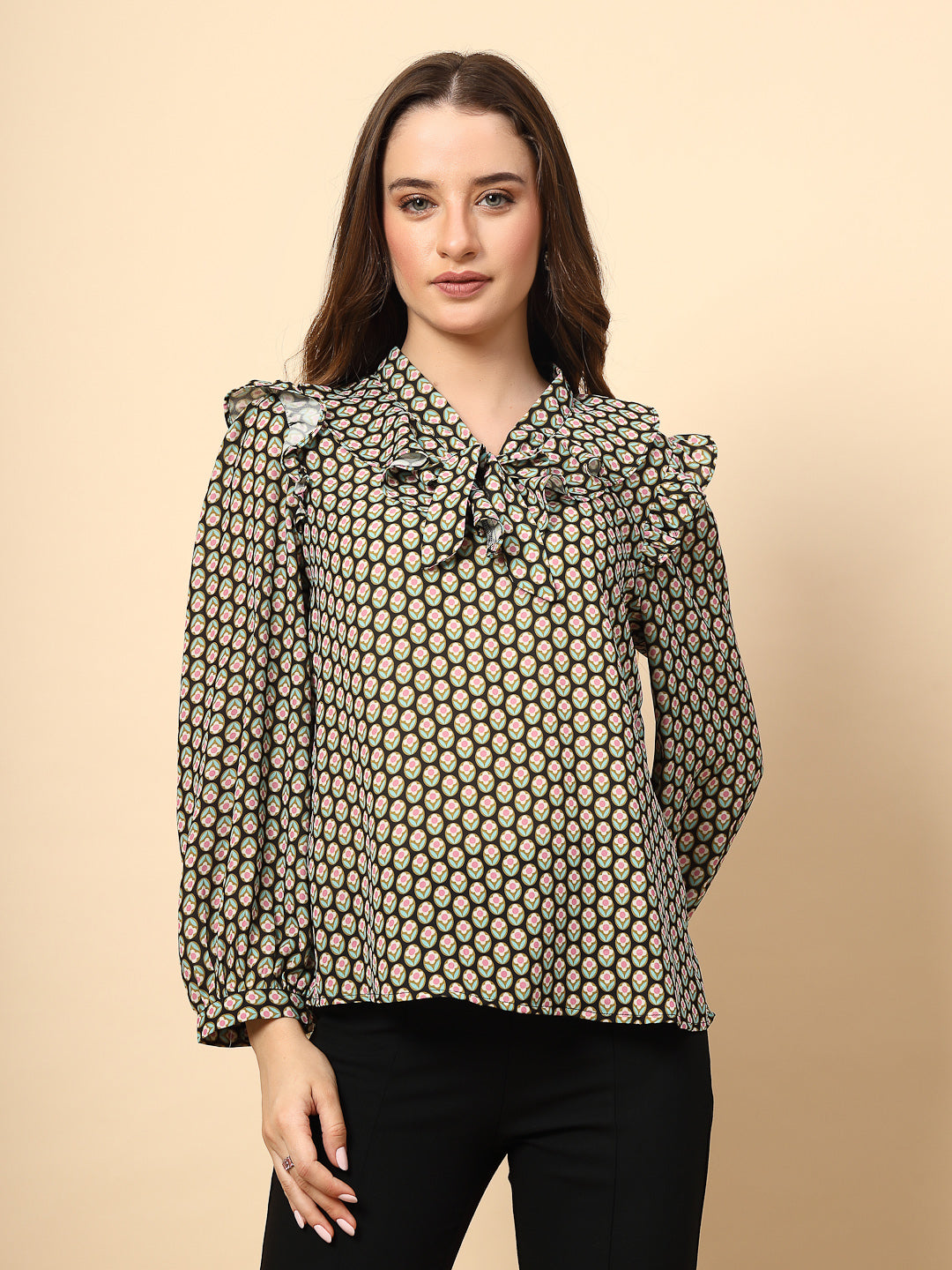 Georgette Olive Top with Frill Neck and Dori Finish