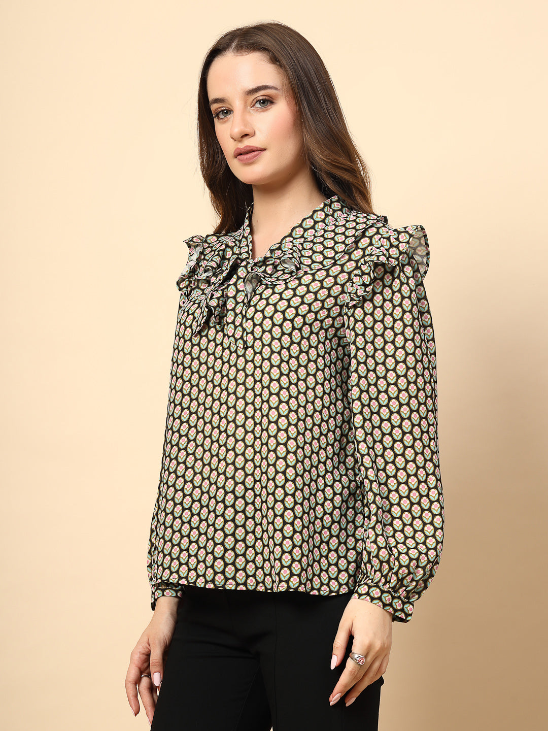 Georgette Olive Top with Frill Neck and Dori Finish