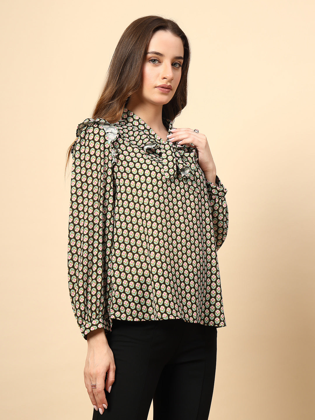 Georgette Olive Top with Frill Neck and Dori Finish