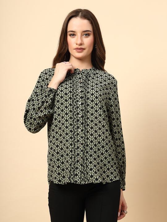 Green Top with Front Pleating and Metal Button