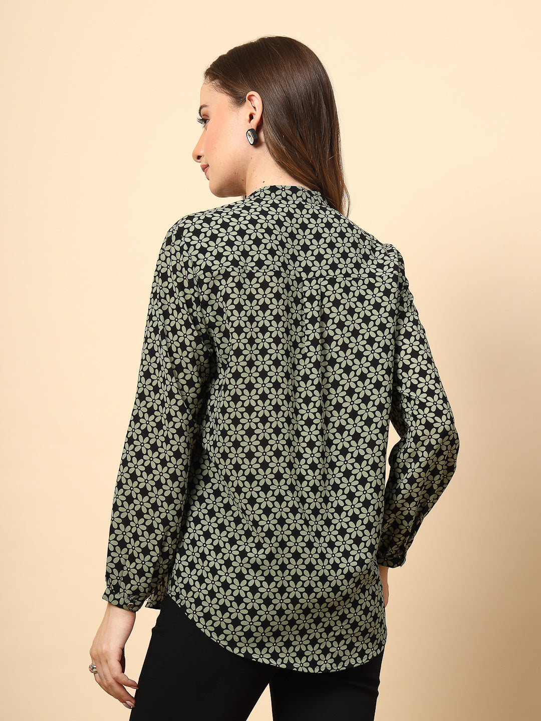 Green Top with Front Pleating and Metal Button