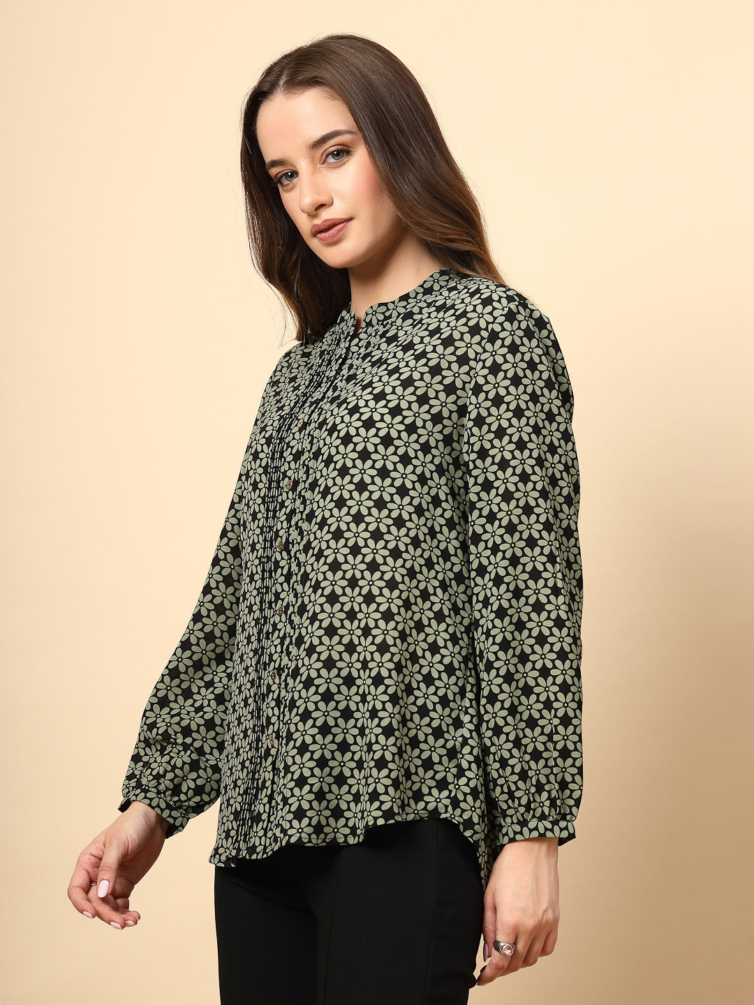Green Top with Front Pleating and Metal Button