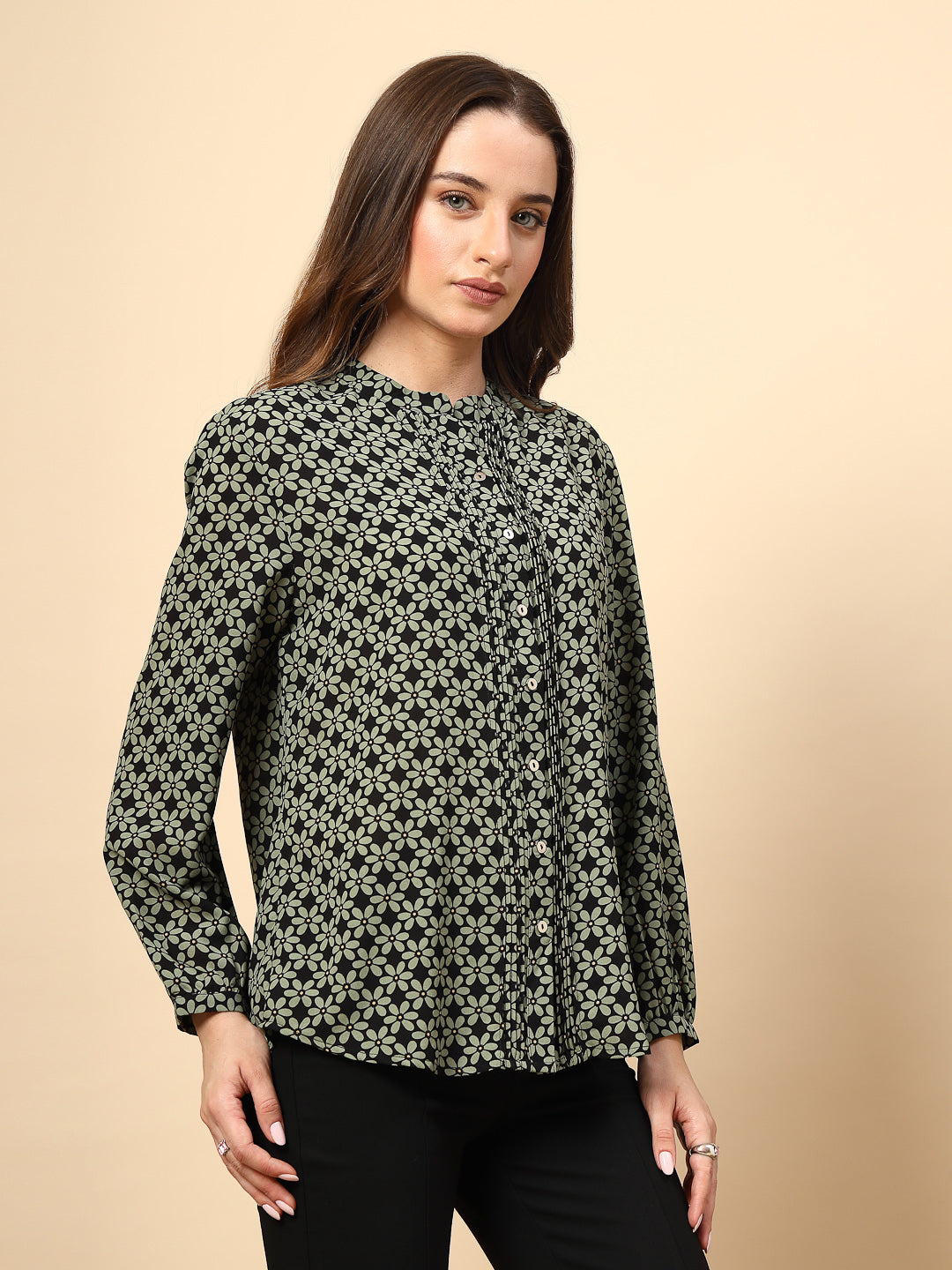 Green Top with Front Pleating and Metal Button