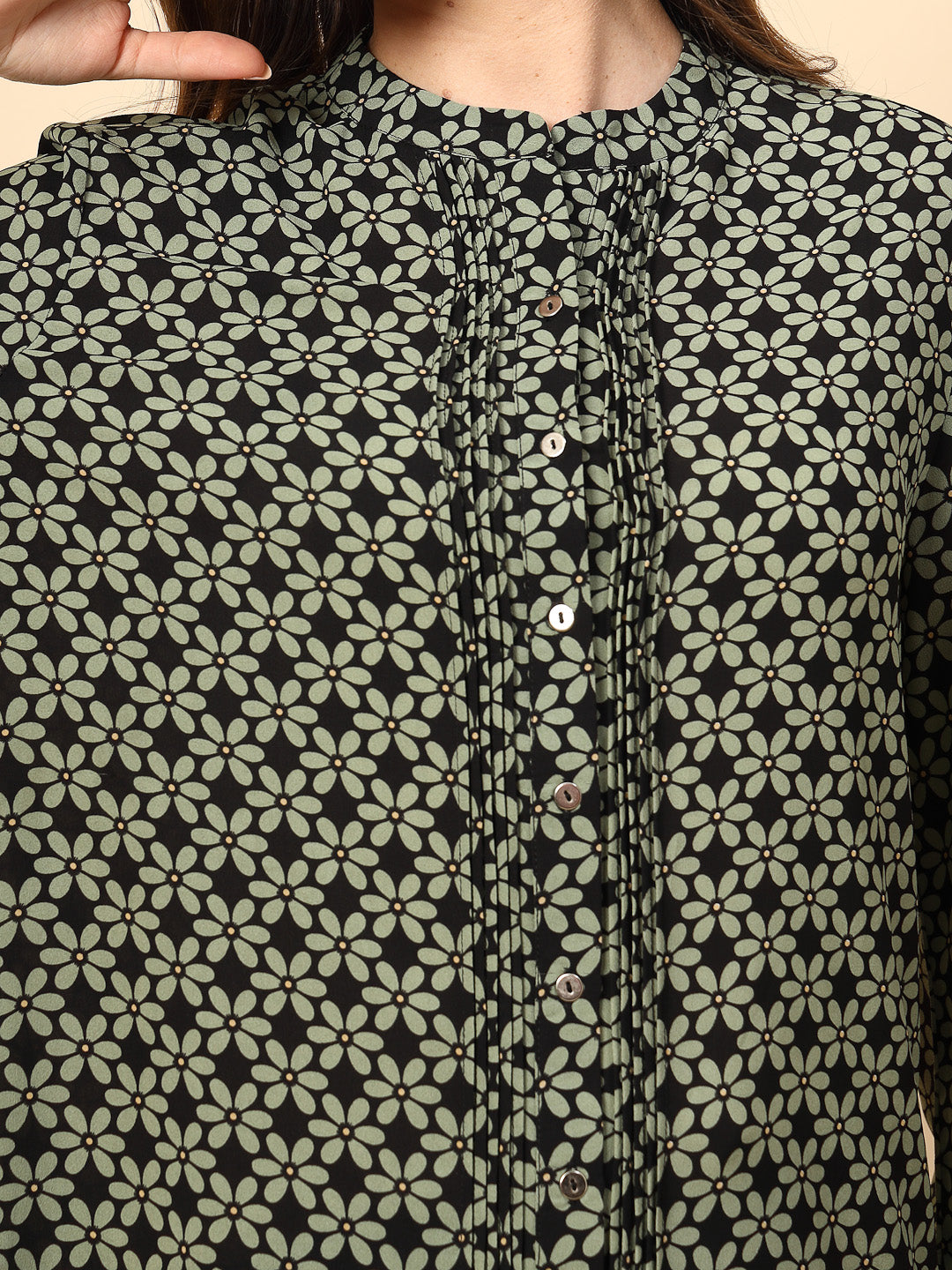 Green Top with Front Pleating and Metal Button