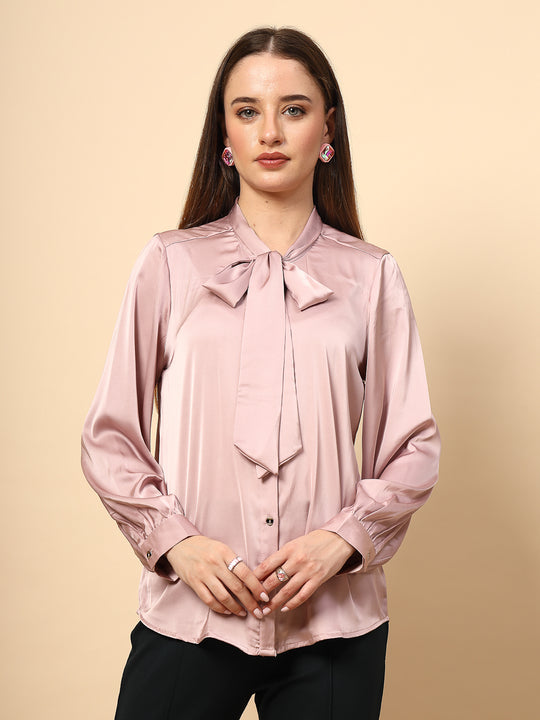 Rose Dust Top With Shine Button and Collar Tie