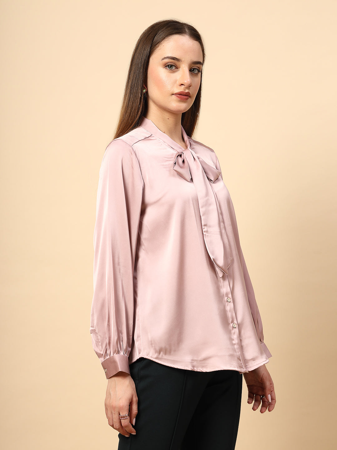 Rose Dust Top With Shine Button and Collar Tie