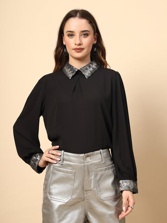 Black Polyester Top with Sequined Collar And Cuff Details