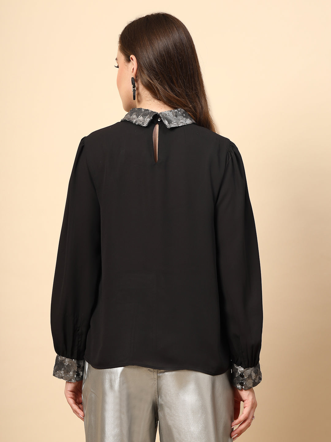 Black Polyester Top with Sequined Collar And Cuff Details