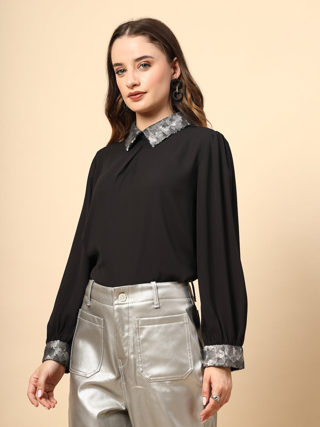 Black Polyester Top with Sequined Collar And Cuff Details