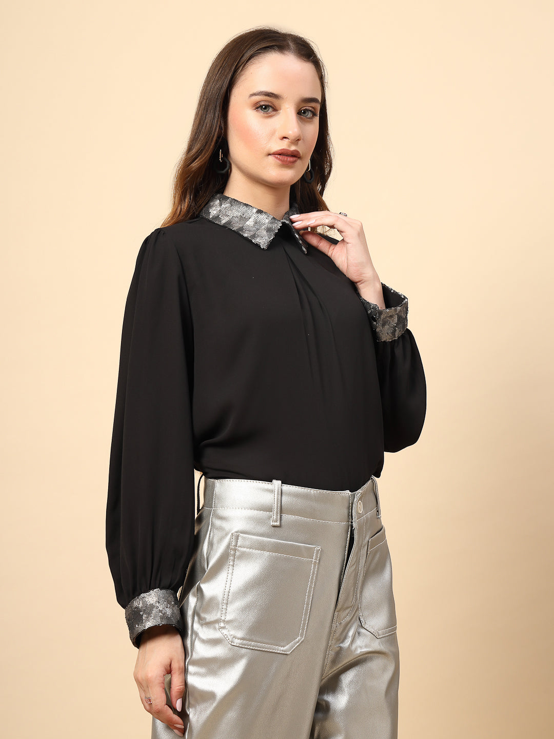 Black Polyester Top with Sequined Collar And Cuff Details