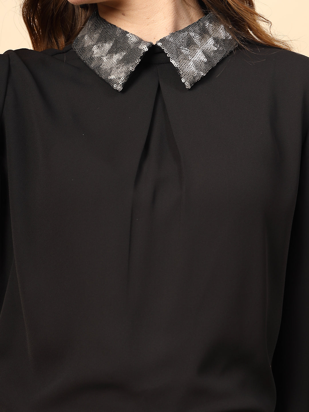 Black Polyester Top with Sequined Collar And Cuff Details
