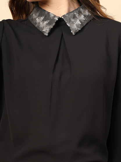 Black Polyester Top with Sequined Collar And Cuff Details