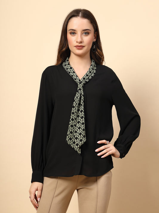 Black Top with Front Shine Button and Collar Print Tie