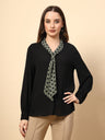 Black Top with Front Shine Button and Collar Print Tie