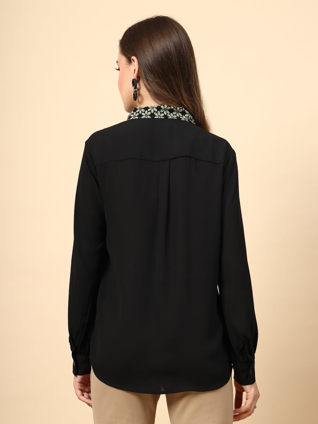 Black Polyester Top with Front Polyester Shine Button and Collar Print Tie