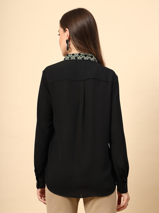 Black Polyester Top with Front Polyester Shine Button and Collar Print Tie