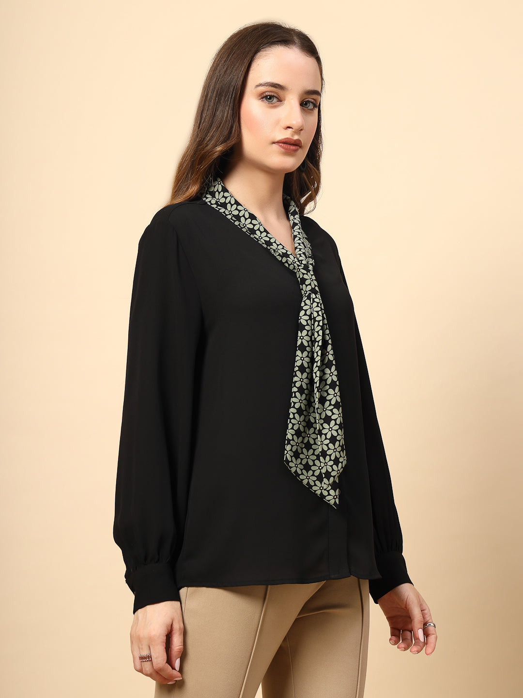 Black Polyester Top with Front Polyester Shine Button and Collar Print Tie