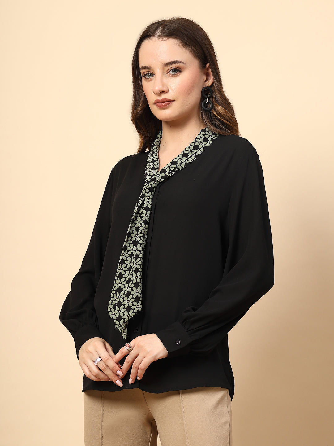 Black Polyester Top with Front Polyester Shine Button and Collar Print Tie